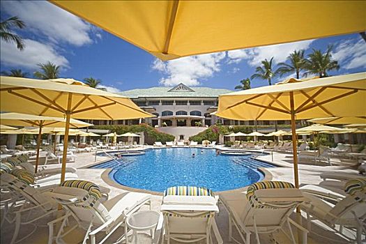 夏威夷,曼内雷,湾,海滩,酒店,水池,游泳,伞,休闲椅