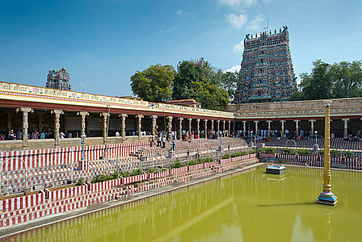 庙宇,水塘,楼塔,大门,地区,安曼,马杜赖,泰米尔纳德邦,印度,亚洲