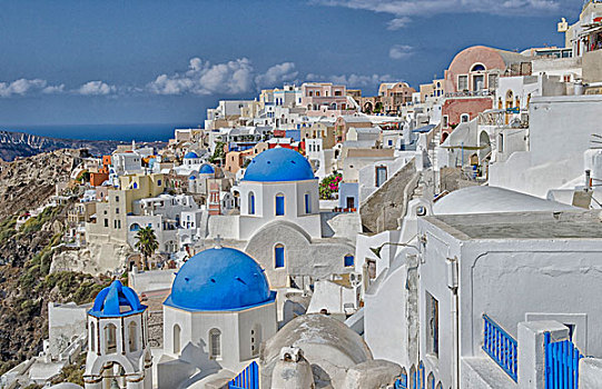 白色,建筑,陡坡,蓝色,圆顶,教堂,山,锡拉岛,希腊,希腊群岛