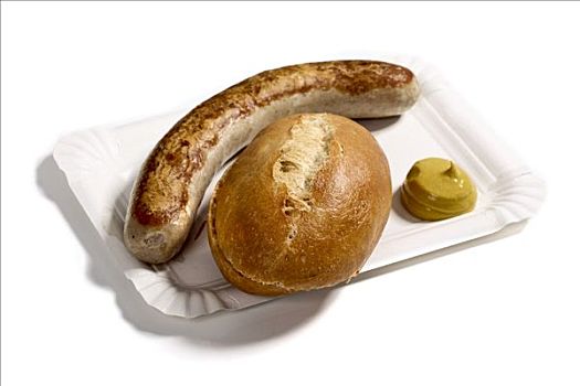 德国香肠,香肠,面包,芥末,纸餐盘
