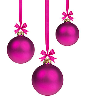 构图,三个,紫色,圣诞节,彩球,悬挂,丝带,白色背景