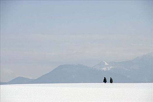 远足者,雪地,正面,冬天,上巴伐利亚,德国