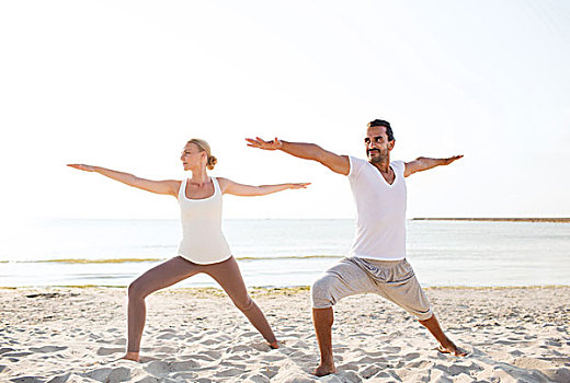 健身,运动,友谊,生活,概念,情侣,制作,瑜伽练习,海滩