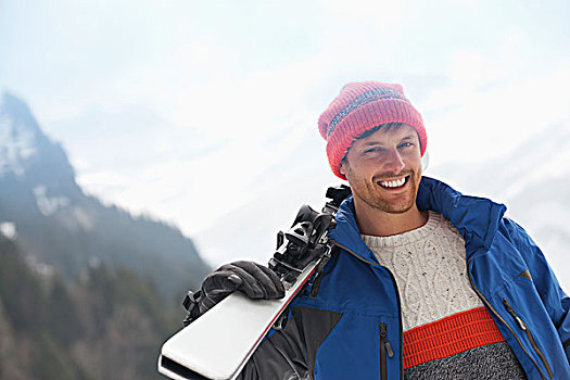 头像,微笑,男人,拿着,滑雪