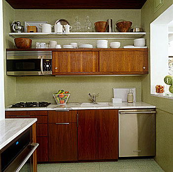 厨房,排列,镶嵌图案,砖瓦,柜厨,温暖,胡桃