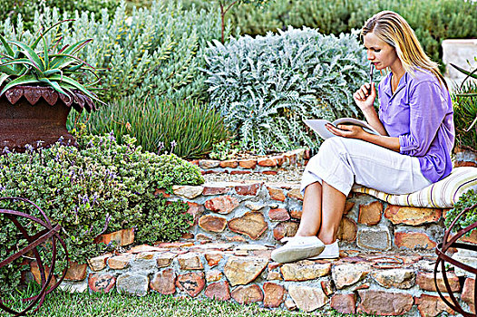 美女,女青年,读,书本,花园
