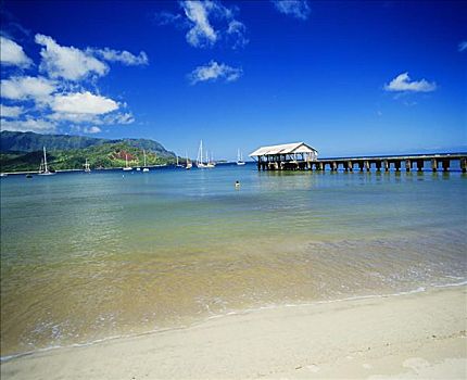 夏威夷,考艾岛,湾,码头,人行道,帆船,锚定,背景