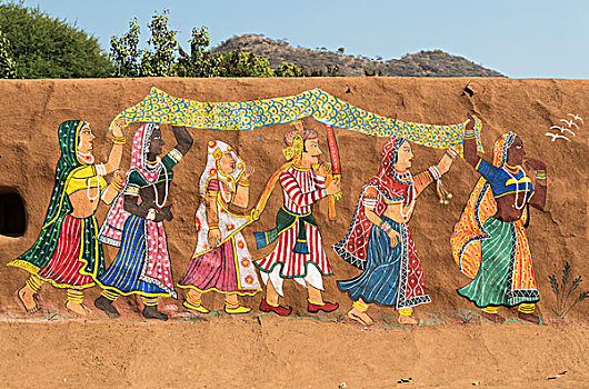 传统,绘画,粘土,墙壁,乡村,拉贾斯坦邦,靠近,乌代浦尔,印度,亚洲