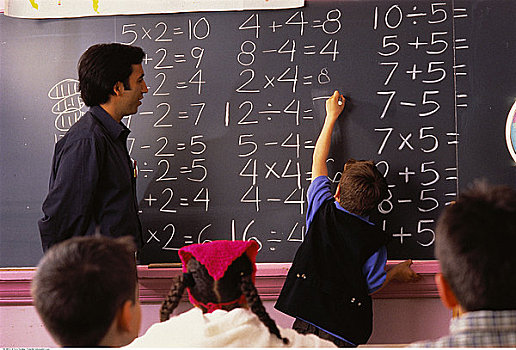 男性,教师,看,男孩,文字,黑板,教室