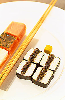 特写,寿司,白色背景,盘子,筷子