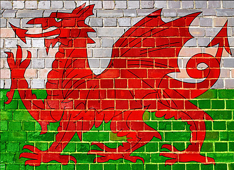 威尔士,旗帜,砖墙,背景