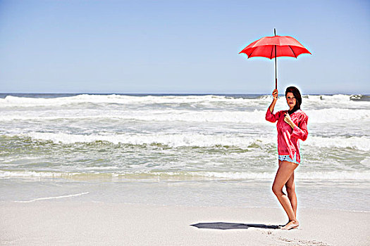 女人,站立,海滩,伞