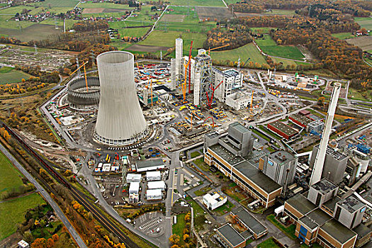 俯视,冷却塔,核能,植物,煤,工地,哈姆,鲁尔区,北莱茵威斯特伐利亚,德国,欧洲