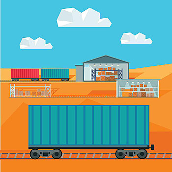 列车,全球,仓库,递送,物流,货箱,运输,分配,局部,世界,铁路,装卸,盒子,矢量,插画