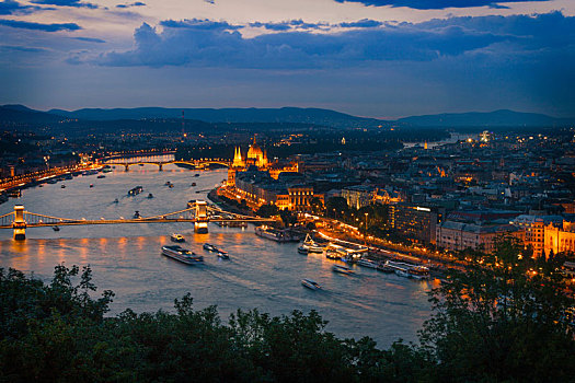 夜景,链索桥,多瑙河,山,布达佩斯,匈牙利
