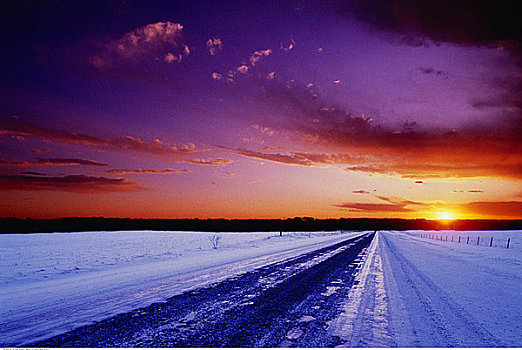 道路,冬天,日落