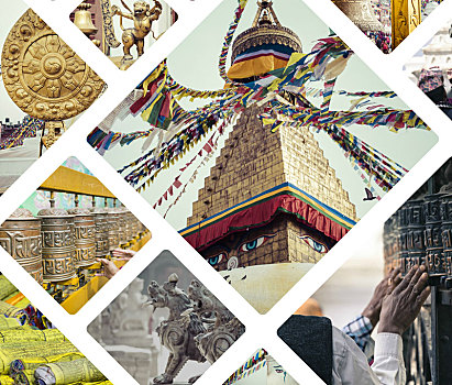 抽象拼贴画,加德满都,尼泊尔,图像,旅行,背景,照片