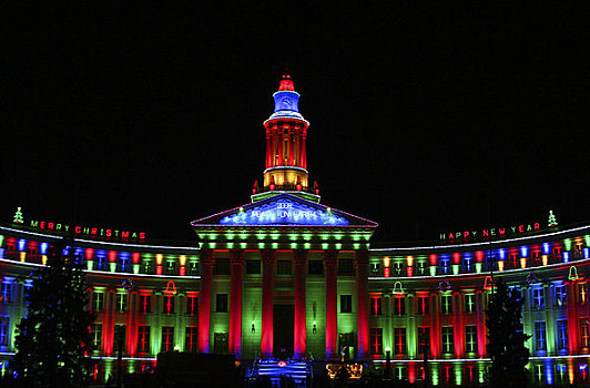 政府建筑,装饰,圣诞灯光,丹佛,市政厅,科罗拉多,美国