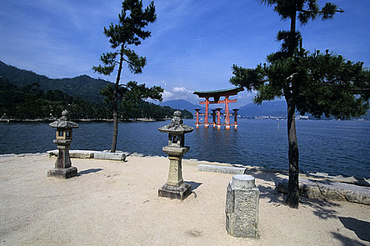 日本,靠近,广岛,宫岛,大门,石头,灯笼,松树