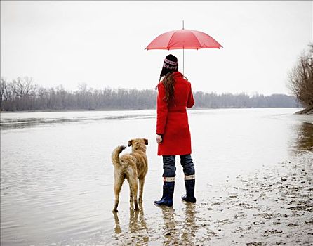 女青年,拿着,伞,站立,河,狗,后视图