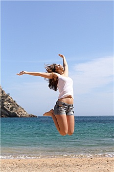有趣,女人,跳跃,天堂海滩