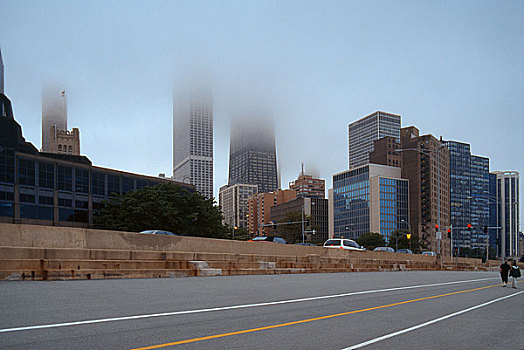 市区,芝加哥,美国,雾