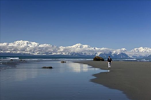 男人,走,海滩,享受,景色,湾,靠近,东南阿拉斯加,夏天