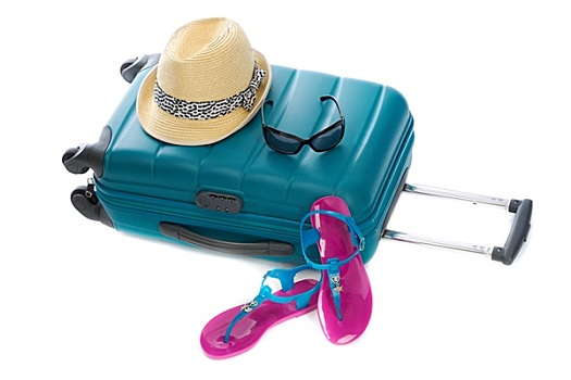 蓝色,塑料袋,草帽,墨镜,海滩
