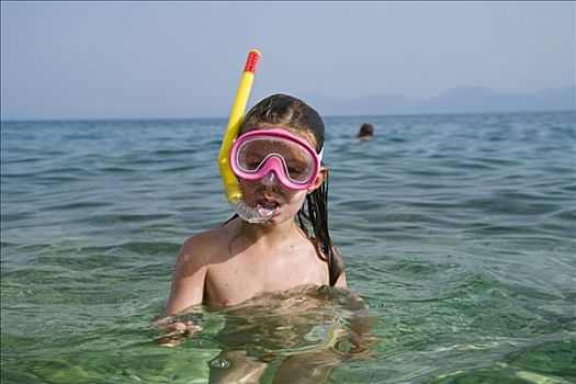 女孩,潜水镜,通气管,6岁,达尔马提亚,克罗地亚,欧洲
