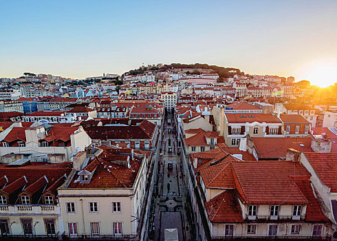 风景,街道,俯视,市中心,城堡,背影,落日,里斯本,葡萄牙,欧洲