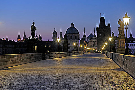 夜景,查理大桥,老,城镇,世界遗产,布拉格,波希米亚,捷克共和国,欧洲