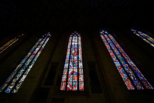 彩色玻璃窗,过道,室内,乌尔姆,大教堂,巴登符腾堡,德国,欧洲