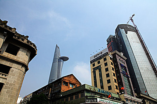 老,新建筑,金融,塔,背景,胡志明,越南