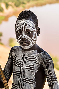 男孩,卡罗部落,12岁,人体彩绘,奥莫河,南方,区域,埃塞俄比亚,非洲