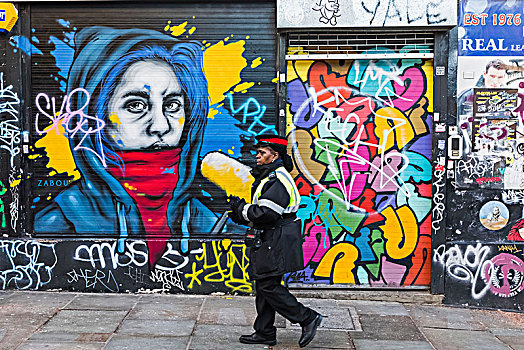 英格兰,伦敦,砖,道路,停放,走,过去,街头艺术,涂鸦