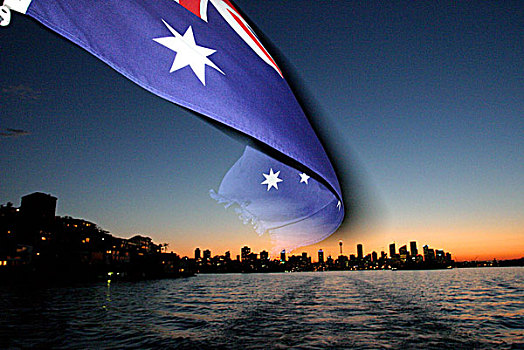澳大利亚国旗,悉尼港,中央商务区,黄昏,悉尼,澳大利亚