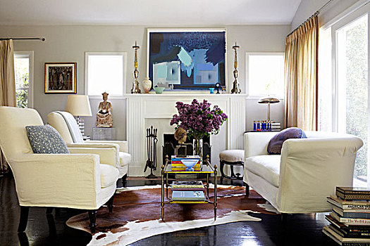 沙发,面对,两个,扶手椅,咖啡,桌子,正面,壁炉,传统,起居室