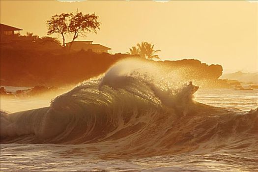 夏威夷,瓦胡岛,威美亚湾,大,碰撞,卷曲,波浪,金色,模糊,日落,天空