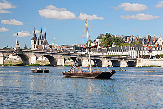 风景,上方,卢瓦尔河,河,桥,加百利,布卢瓦,教堂,圣徒,尼古拉斯,法国,欧洲
