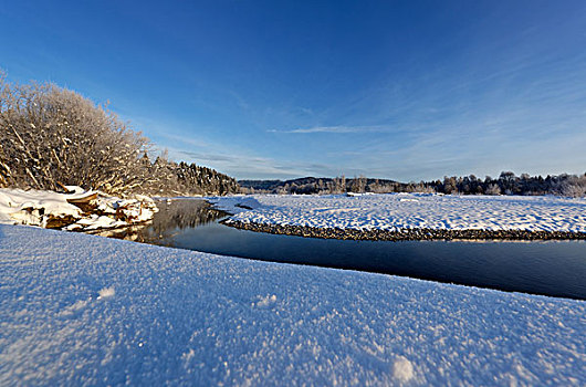 冬天,早晨,伊萨尔河,伊萨河,上巴伐利亚,巴伐利亚,德国,欧洲