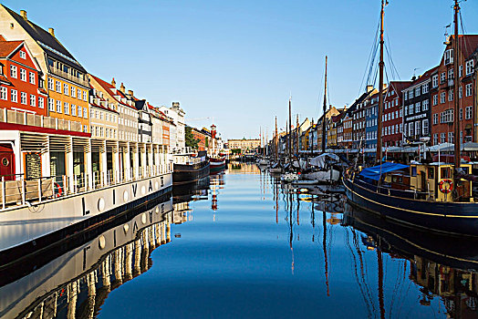 停泊,餐馆,船,彩色,17世纪,连栋房屋,新港,运河,哥本哈根,丹麦