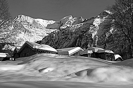 法国,阿尔卑斯山,上萨瓦省,下雪,木制屋舍