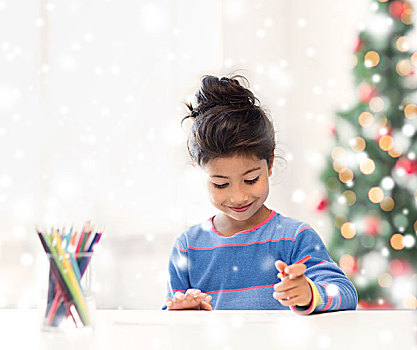 创意,孩子,圣诞节,人,概念,微笑,小女孩,铅笔,绘画,在家