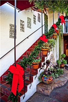 台阶,楼梯,圣诞装饰,红色,带,花环