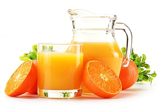 构图,玻璃杯,罐,橙汁,隔绝,白色背景