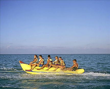 年轻人,香蕉,船,水上运动,有趣,马尔代夫,印度洋