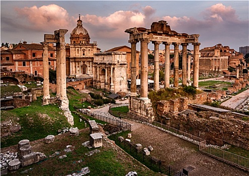 古罗马广场,遗址,拱形,庙宇,日落,罗马,意大利