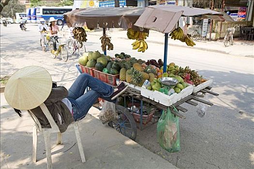 销售人员,水果摊,街道,惠安,越南