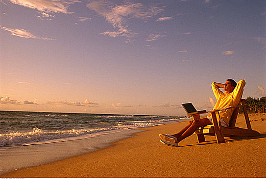 男人,放松,宽木躺椅,海滩,笔记本电脑