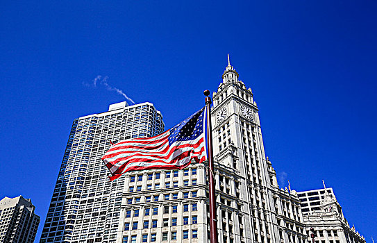 美国国旗,正面,里格利大厦,芝加哥,伊利诺斯,美国,北美